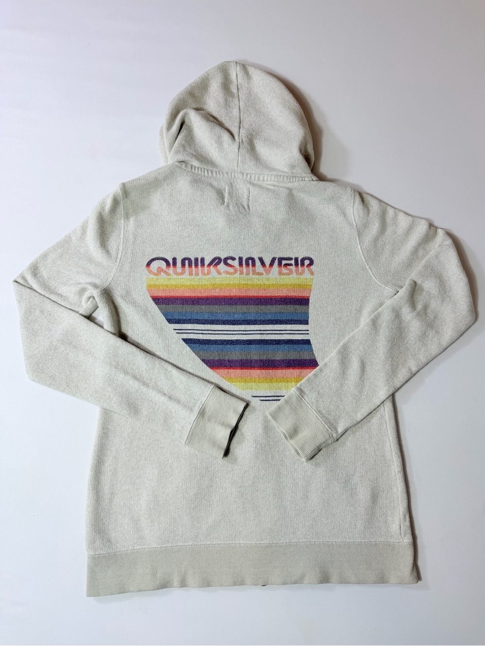 Quiksilver Cream Zip-Up Hoodie with Multicolor Striped Logo Women’s Medium